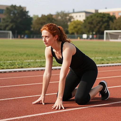 Red-Haired Woman Stretching on Track