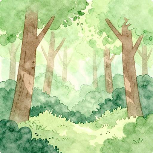Watercolor-style forest illustration with tall, brown trees, lush green bushes, and bright sunlight filtering through the dense foliage.