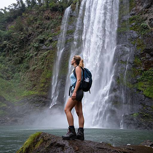 Photograph of a blonde woman in a blue tank top and black shorts standing on a rock, gazing at a powerful waterfall with lush greenery in