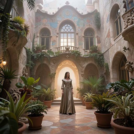 Photograph of a woman in a long, flowing dress standing in a sunlit, ornate, plant-filled courtyard with arched windows and colorful,