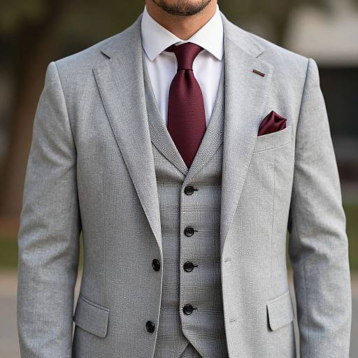 Photograph of a man's torso in a light gray, three-piece suit with a maroon tie, white shirt, and matching pocket square.