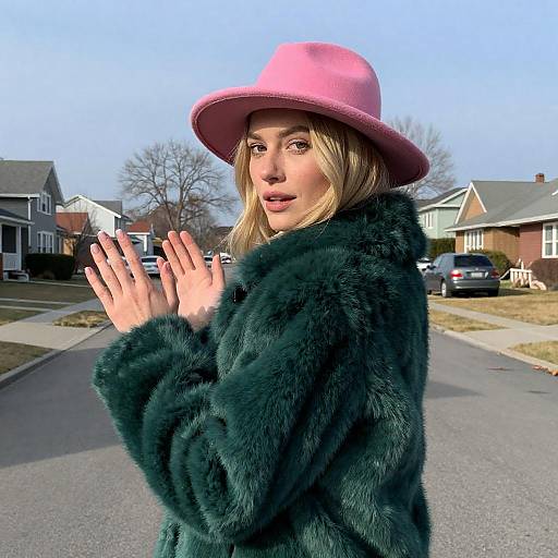 Blonde Woman in Green Fur Coat