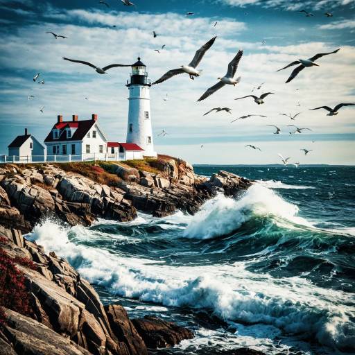 Dramatic Maine Lighthouse with Seagulls