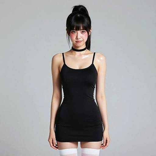 Photograph of an Asian woman with pale skin, black hair in a high ponytail, wearing a tight black tank dress, white thigh-high stockings,