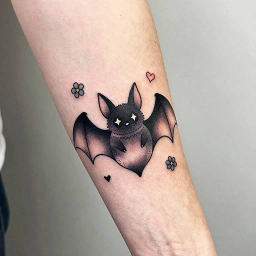 Cute cartoon bat tattoo with flowers and hearts