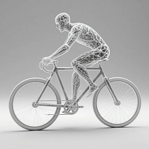 White wireframe illustration of a cyclist in a racing position on a bicycle, showing detailed wireframe anatomy and bike structure.