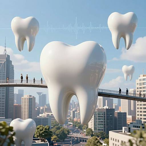 Digital artwork of enormous, glossy white teeth floating above a cityscape. Small silhouetted figures walk on a bridge between teeth. Blue sky with