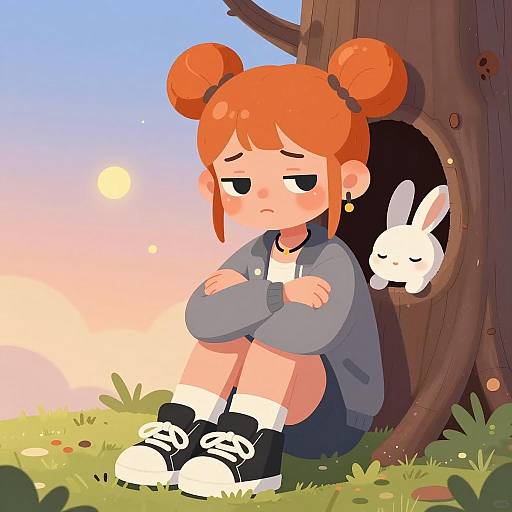 Melancholic Girl with Bunny Illustration