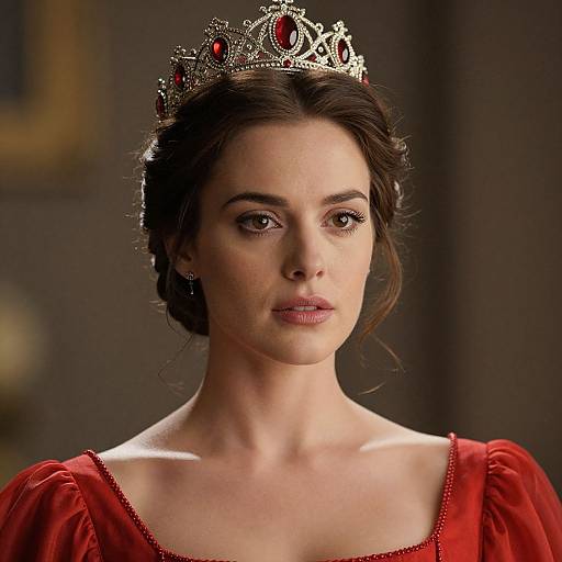 Photograph of a fair-skinned woman with dark brown hair in an updo, wearing a silver crown with red gems, and a red, p