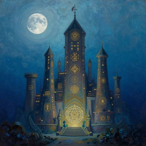 Digital painting of a mystical castle under a full moon, adorned with glowing magical symbols, illuminated by a central pentagram, surrounded by blue night sky and