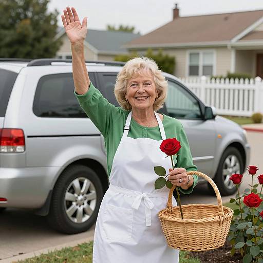 Smiling Woman with Flowers and Minivan