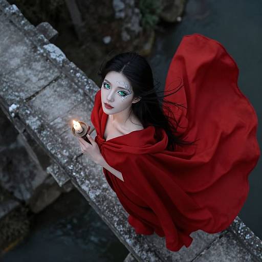 Photograph of a pale woman with blue eyes and black hair, wearing a flowing red cloak, holding a lit candle, standing on a weathered stone
