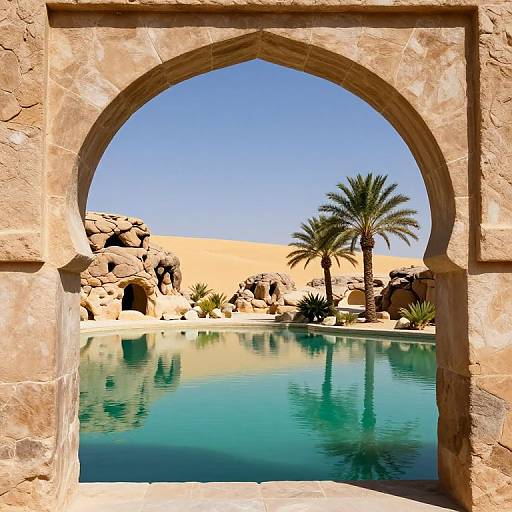 Photograph of a clear blue desert pool reflected through a stone archway, with a palm tree, rocky landscape, and bright blue sky.