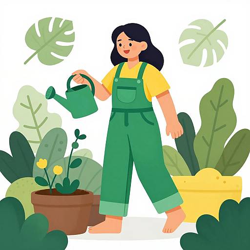 Cartoon illustration of a smiling woman with black hair, wearing green overalls and yellow shirt, watering a potted plant with a green watering can,