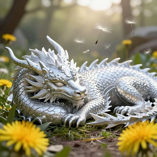 Photorealistic digital art of a silver-scaled, dragon with intricate horns and sharp claws, resting among yellow daisies in a sunlit forest