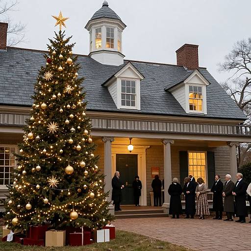 Photograph of a lit Christmas tree in front of a colonial-style house, with people in winter clothes gathered on the porch.