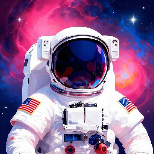 Digital artwork of an American astronaut in a white spacesuit with reflective helmet, against a vibrant, colorful cosmic background.
