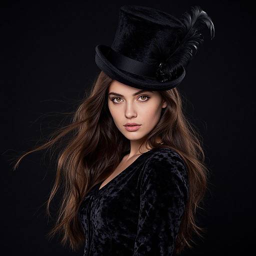 Photograph of a pale-skinned woman with long brown hair, wearing a black velvet top and a tall black top hat with a feather, against a