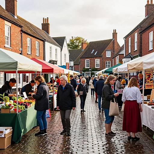 Vibrant outdoor market on a cobblestone street with people shopping under colorful tents, surrounded by red-brick buildings and white storefronts.