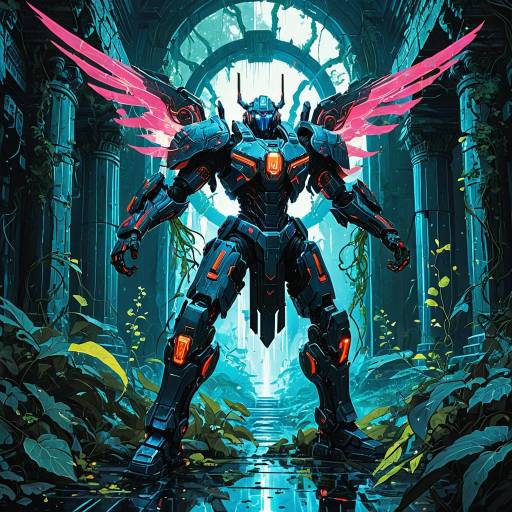Male Mech Warrior with Plasma Wings in Ancient Temple