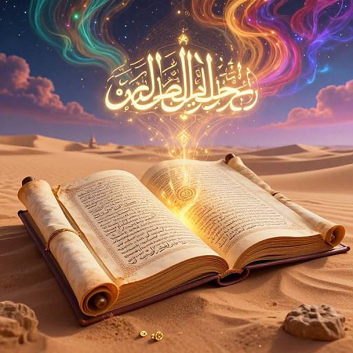 Photograph of an open, glowing Quran on desert sand with swirling, colorful, celestial lights and Arabic text in the sky.