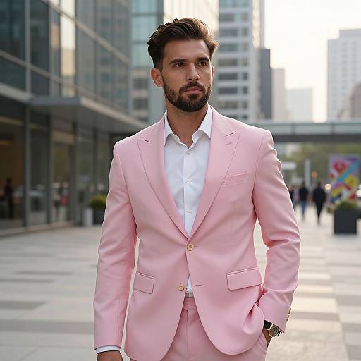 Photograph of a bearded man with dark hair wearing a light pink suit, white shirt, and gold buttons, standing in a modern urban street with