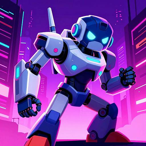 Neon-lit, futuristic cityscape; robotic mecha with glowing blue eyes and cyan accents, poised in a dynamic, action-ready stance. Bright