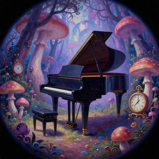 Magical forest scene with a grand piano, giant red-capped mushrooms, and a ticking clock, surrounded by vibrant, whimsical flora.