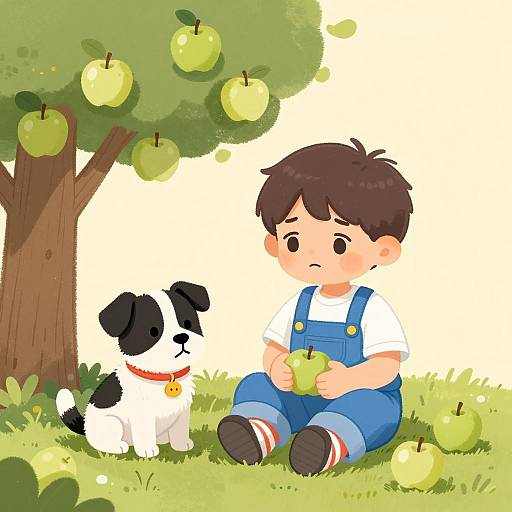 Sad Boy with Dog in Apple Orchard