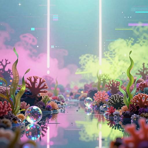 Digital artwork of a vibrant underwater scene with glowing neon lights, colorful coral, green seaweed, and sparkling bubbles, creating a futuristic, dreamy atmosphere