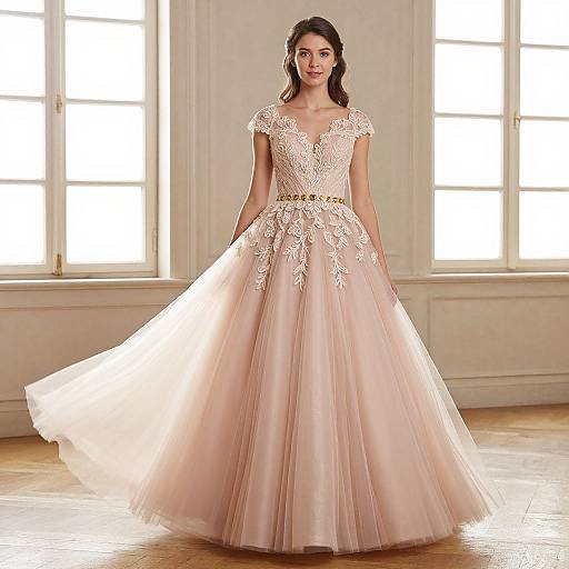 Photograph of a brunette woman in a pink, lace-trimmed, V-neck ball gown with a full tulle skirt, standing in a bright