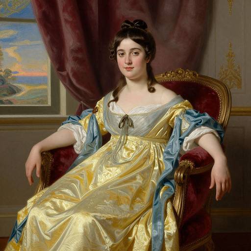 Neoclassical painting of a fair-skinned woman with dark hair, wearing a gold and blue silk dress, seated on an ornate chair,
