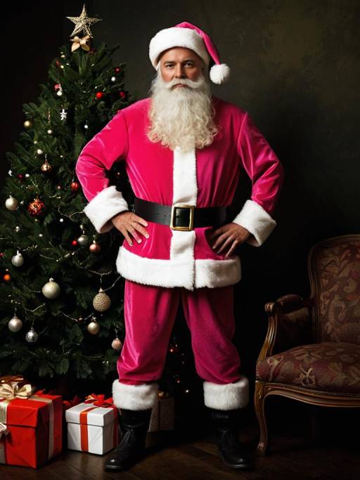 Man in Pink Santa Suit by Christmas Tree