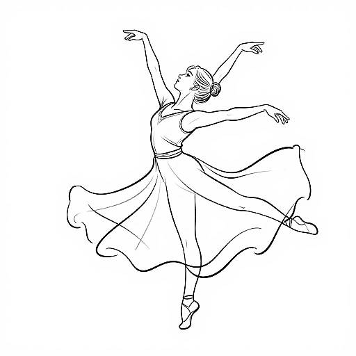 Black and white line drawing of a dancer with a flowing dress, arms raised, one leg lifted, wearing ballet shoes, dynamic pose.