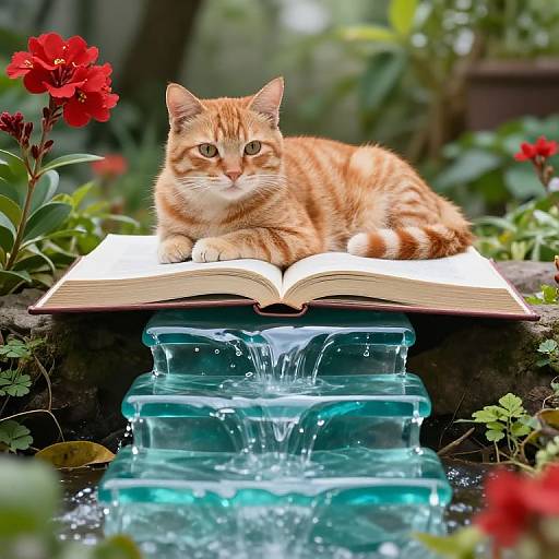 Photograph of an orange tabby cat lounging on an open book, with a blue glass water fountain flowing beneath, surrounded by red flowers and green