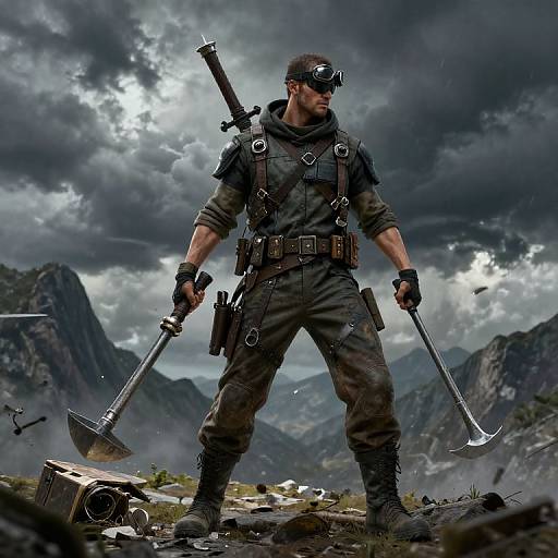 Digital artwork of a muscular male soldier in dark tactical gear, wielding a pickaxe and axe, standing in a stormy mountain landscape with a rifle strapped