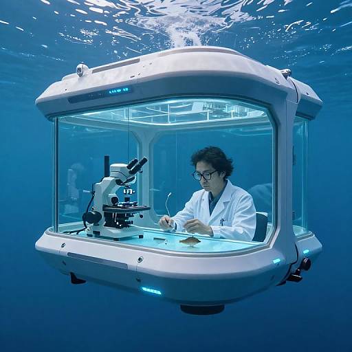 Photograph of an Asian man in a white lab coat, wearing glasses, using a microscope in a glowing, underwater, futuristic lab module.