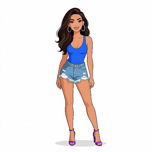 Digital illustration of a smiling woman with long black hair, wearing a blue tank top, frayed denim shorts, and purple heels. White background.