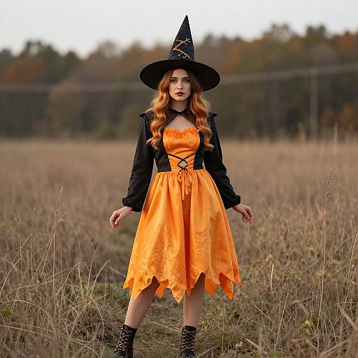 Photograph of a young woman with long red hair, wearing an orange witch dress, black long-sleeve top, black hat, and boots,