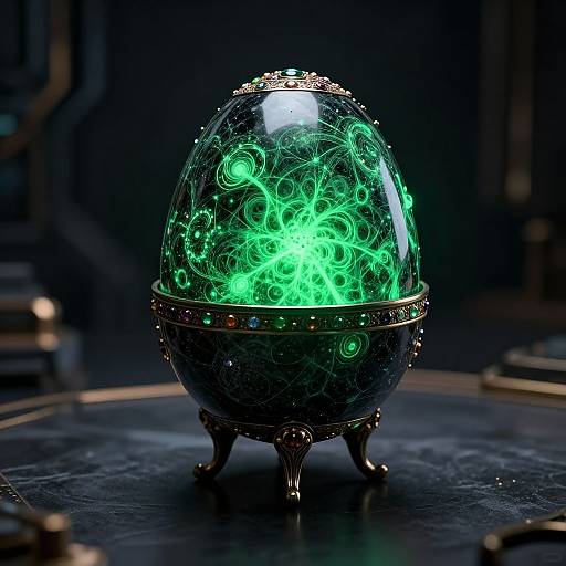 Photorealistic CGI of a glowing, green, translucent egg with intricate, bioluminescent patterns, encased in a ornate, silver,