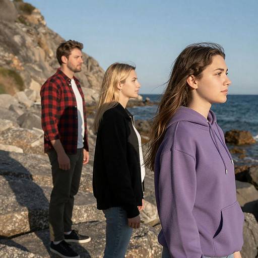 Three People Standing by Rocky Shoreline