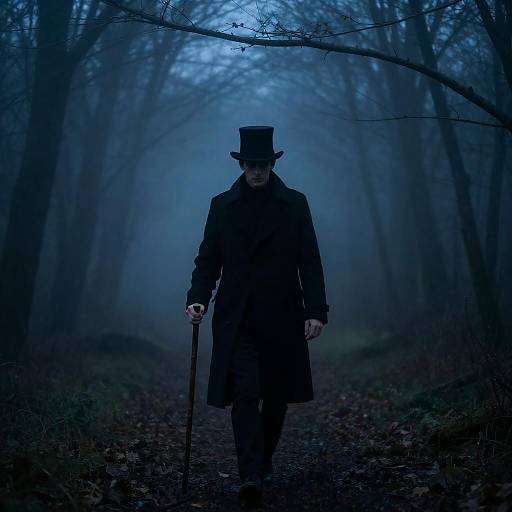 Enigmatic Figure in Misty Forest Scene