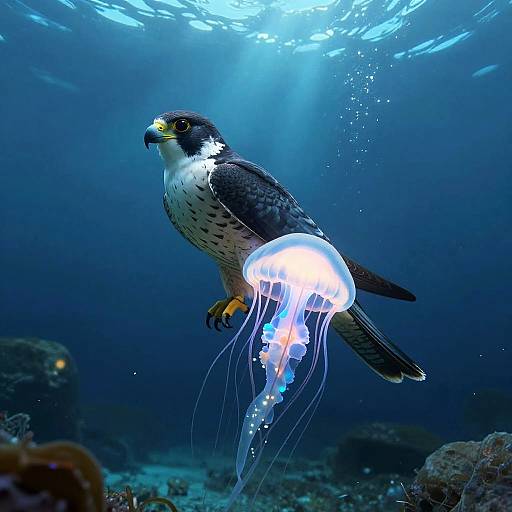 Photograph of a black-and-white hawk with yellow beak, floating underwater beside a glowing blue jellyfish, with sunlight filtering from above.