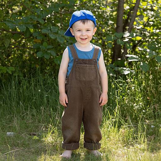 Photograph of a smiling, fair-skinned toddler in blue cap, brown overalls, and white shirt, standing on grassy lawn with lush green