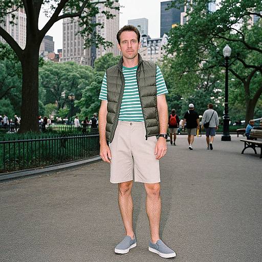 Photograph of a man with short brown hair, wearing a green striped shirt, black puffy vest, beige shorts, and gray sneakers, standing in