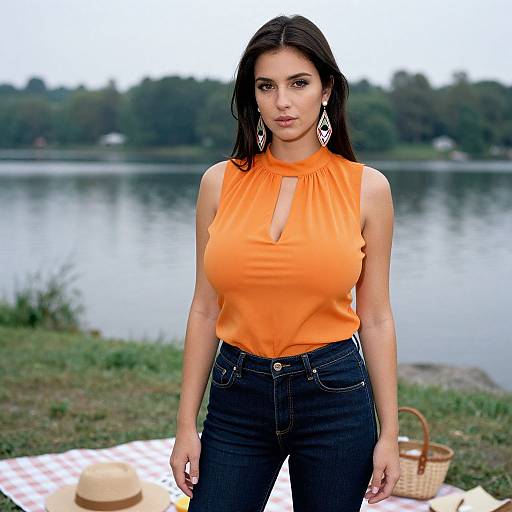 Photograph of a young woman with long black hair, wearing an orange sleeveless top and black jeans, standing by a lakeside, with a picnic