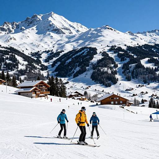 Photograph of three skiers in bright jackets, blue and yellow, standing on snowy mountain slope with mountain chalets and towering peaks in the background,