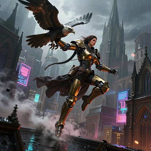 Armored Sky-Pirate Vaulting Neon Rooftops