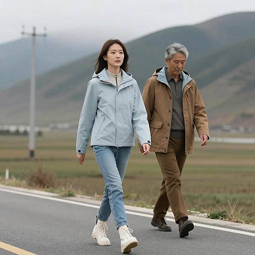 Two People Walking on Mountain Road