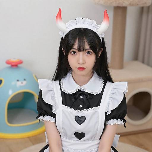 Asian Woman in Heart-Accented Maid Costume